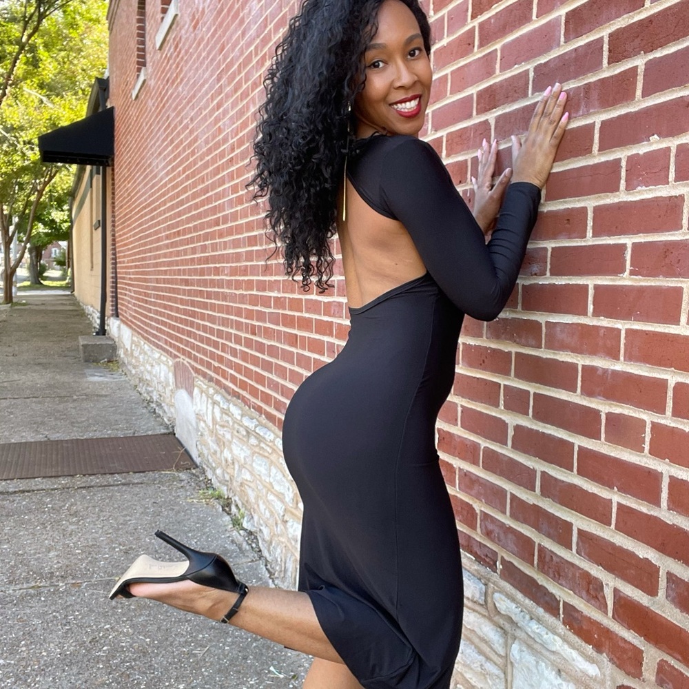 Black Midi Dress with Thigh Split and Cutout Back
